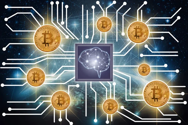 Макет Bitcoins Над Фото Fintech Єднання Штучного Інтелекту Мозку Технології — стокове фото