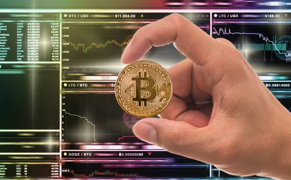 Hand Hält Die Bitcoin Attrappe Über Den Bildschirm Für Den — Stockfoto