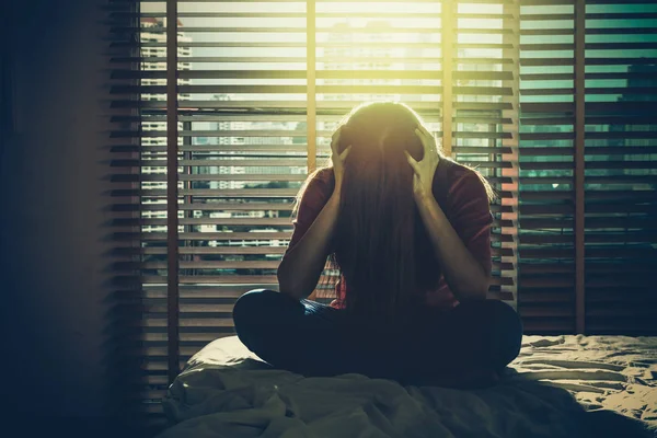 Depressed Women Sitting Head Hands Bed Dark Bedroom Low Light — Stock Photo, Image