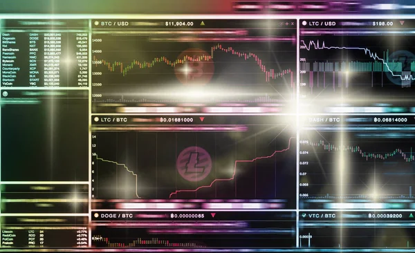 Cryptocurrency Торгова Екран Екран Bitcoin Обмін Торгових Інформації Блок Ланцюг — стокове фото