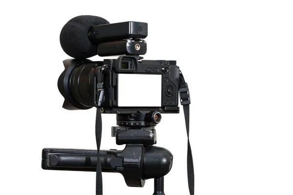 Profesionální Digitální Mirrorless Fotoaparát Stativ Mikrofonem Pro Záznam Bílém Pozadí — Stock fotografie