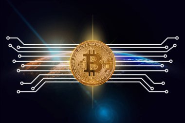 Ağ devre hattı üzerinden earth güneş yükselişi ve lens flare arka plan, cryptocurrency ve yenilik kavramı, Nasa tarafından döşenmiş bu görüntü unsurları ile parçası ile Bitcoin mockup
