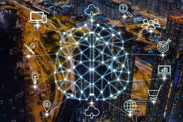 Forma Cerebral Poligonal Una Inteligencia Artificial Con Varios Iconos Ciudad —  Fotos de Stock