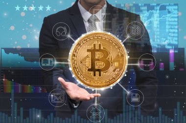 Bitcoins mockup finans teknolojileri veya Fintech bağlantı ile borsa bilgileri arka plan, cryptocurrency veya dijital para kavramı ticaret ekran üzerinde tutan işadamı el