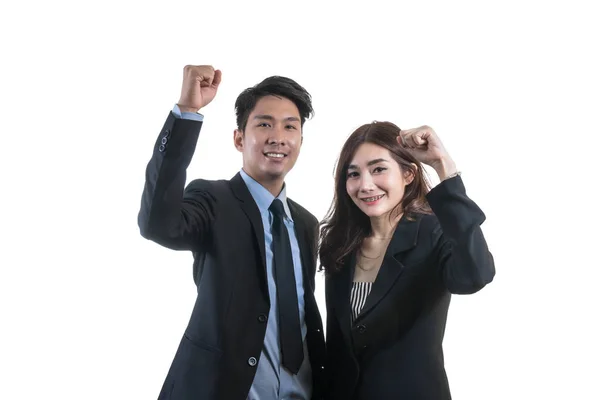 Retrato Casal Asiático Empresário Empresária Com Felicidade Celebrar Ação Fundo — Fotografia de Stock