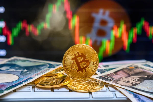 Nahaufnahme Bitcoins Attrappe Auf Der Tastatur Mit Geldpapierbank Über Dem — Stockfoto