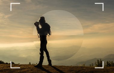 odaklama ekranı silueti günbatımı zaman dağ manzara çekimleri bir fotoğrafçı ile kamera görüş bulmak zaman, fotoğrafçı kavramı