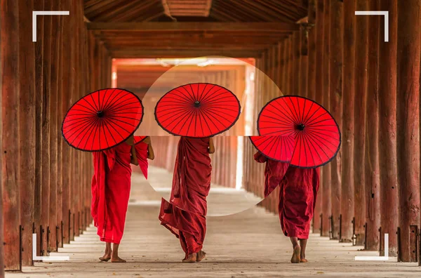 Visor Câmera Com Foco Tela Verso Três Novatos Budistas Estão — Fotografia de Stock