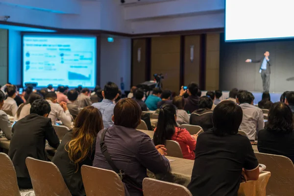 Rear Side Audiences Sitting Listening Speackers Stage Low Light Conference — Stock Photo, Image