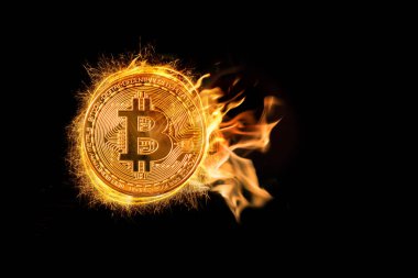 Bitcoin mockup ateşte koyu siyah arka plan, blok zinciri teknoloji Kripto kavramı, iş ve investoment kavramı, yüksek riskli