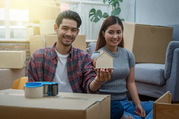 Closeup Asian Young Couple Holding House Model Love Glad Feeling — Stock Photo, Image