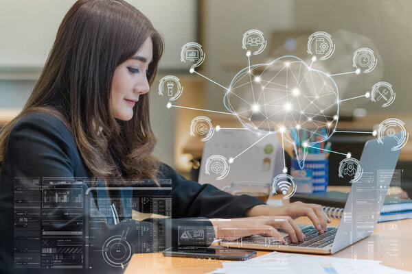 Asian Businesswoman Formal Suit Working Computer Laptop Polygonal Brain Shape Stock Picture