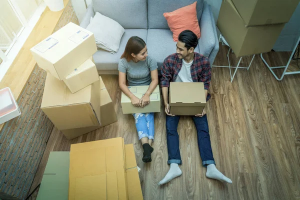 Top View Asian Young Couple Sitting Relax Successfull Packing Cardboard — Stock Photo, Image