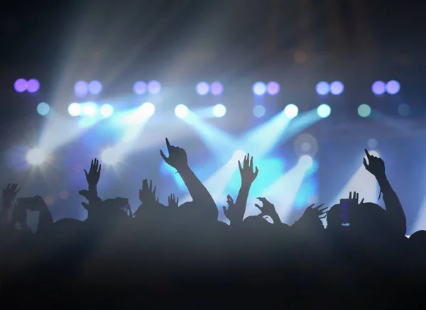 Concert Menigte Silhouetten Van Muziek Fanclub Met Toon Hand Actie — Stockfoto
