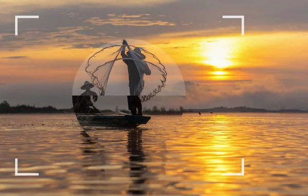 Camera Viewfinder Focusing Screen Silhouette Asia Traditional Fisherman Action Fishing — Stock Photo, Image