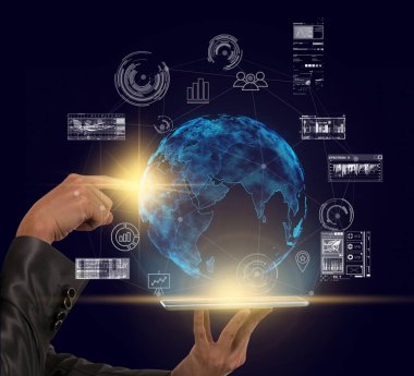 El lablet tutan ve toprak parçası teknoloji simgesi ve iş grafik üzerinde koyu arka plan üzerinde İnovasyon kavramı işaret.