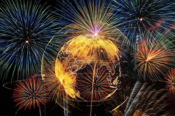 Multicolor Firework Celebration over the Part of Abstract planet earth particle background, Independence day concept