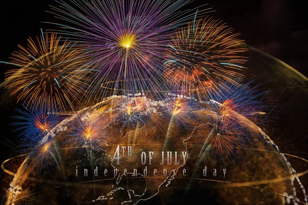 Independence day 4th july text over the Multicolor Firework Celebration over the Part of Abstract planet earth particle background