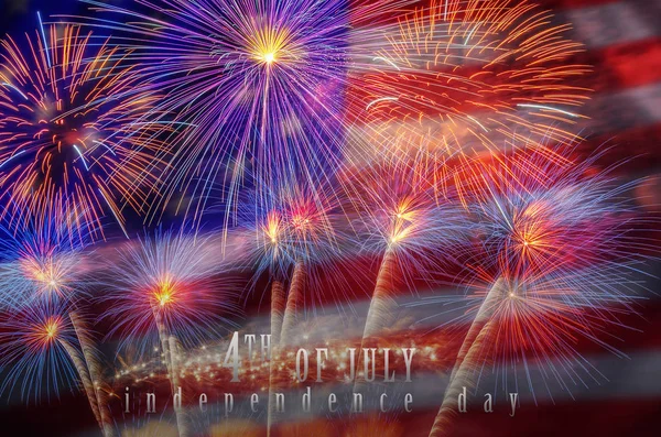 Independence day 4th july text over the Multicolor Firework Celebration over the Part of Abstract planet earth particle background