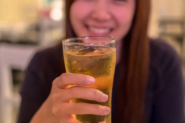 Asian Young Woman Happiness Action Drinking Beer Pub Restaurant Low — Stock Photo, Image