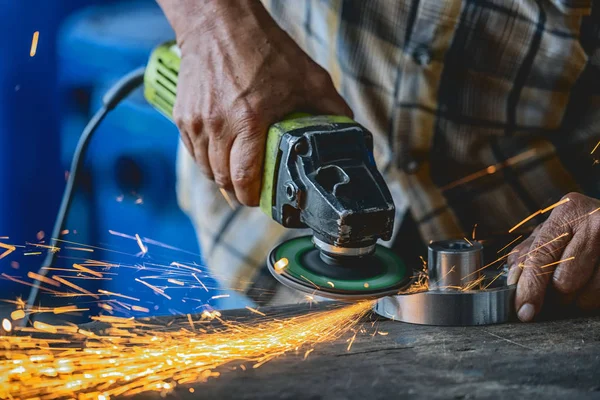 Closeup Angle Grinder Hand Holding Grinding Spare Parts Metal Wooden — Stock Photo, Image