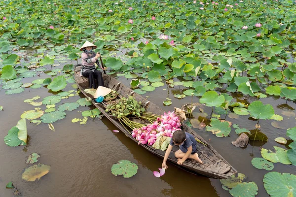 ベトナムの男の子はお母さんと遊んでいる伝統的な木製のボートに乗ってピンクの蓮を大きな湖に保つためにタップムーイ ドンタップ省 ベトナム 文化と生活の概念 — ストック写真