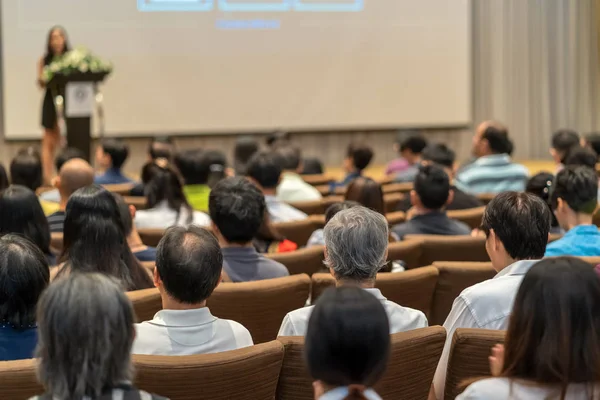 Back Side Audience Listening Speaker Podium Stage Conference Hall Business — Stock Photo, Image