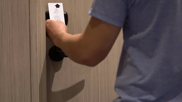 Closeup Hand Man Using Electronic Security Key Card Opens Door — Stock Photo, Image