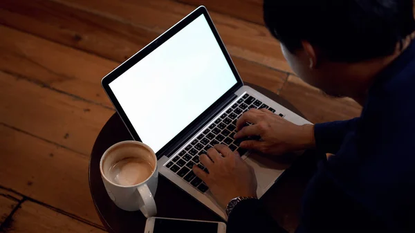 Asian Businessman Casual Clothing Drinking Coffee Working White Screen Laptop — Stock Photo, Image