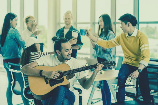 Asian Worker Playing Guitar Group Asian Multiethnic Business People Casual — Stock Photo, Image