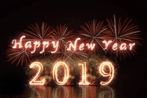 Gelukkig Nieuwjaar 2019 Geschreven Met Sparkle Vuurwerk Vuurwerk Met Donkere — Stockfoto