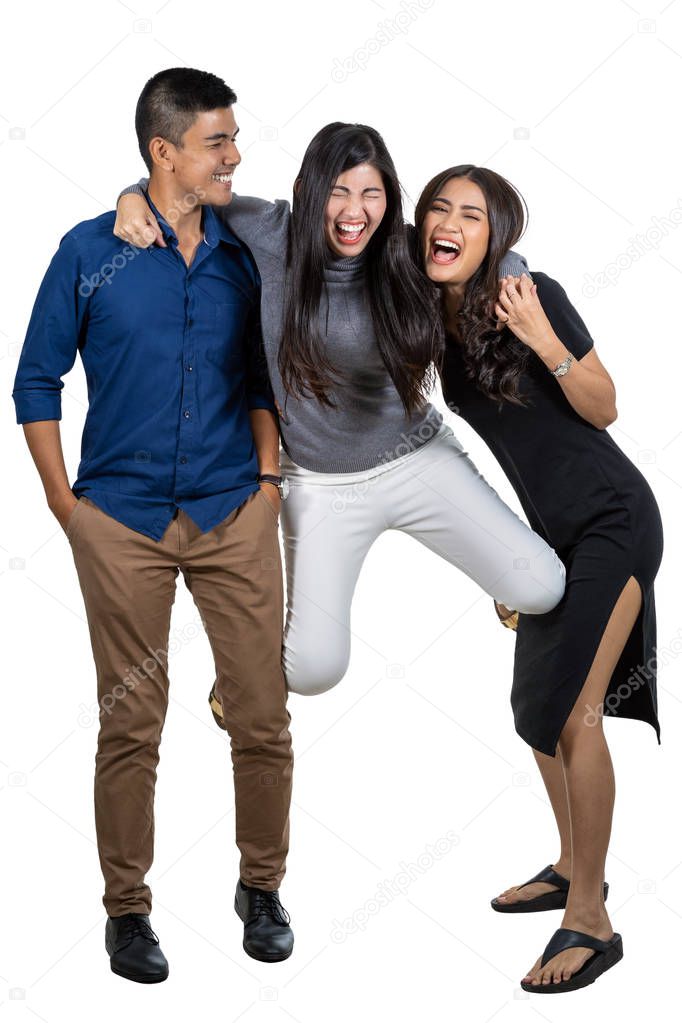 Portrait of three asian model with casual suit in happiness action on white background, friendship and teamwork concept, include cliping path