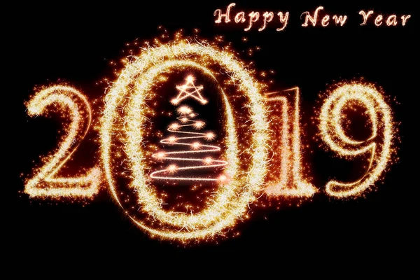 Feliz Año Nuevo 2019 Árbol Navidad Escrito Con Fuegos Artificiales —  Fotos de Stock