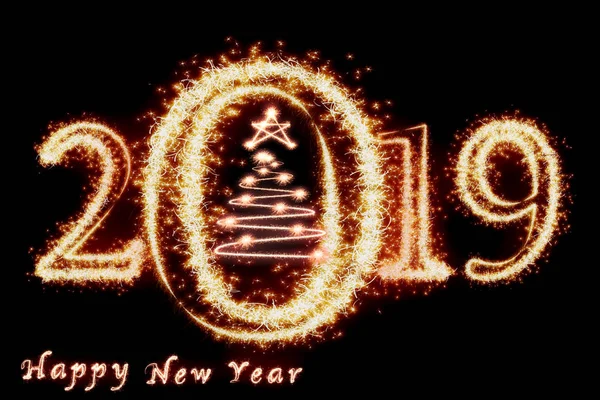 Happy New Year 2019 Christmas Tree Written Sparkle Firework Dark — Stock Photo, Image