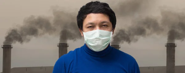 Banner Van Aziatische Man Dragen Van Het Gezichtsmasker Tegen Luchtvervuiling — Stockfoto