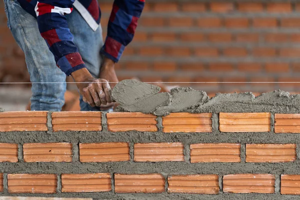 Closeup Hand Professional Construction Worker Laying Bricks New Industrial Site — Stock Photo, Image