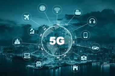 5g Teknoloji Merkezi çeşitli simgesinin dünya nokta ile bir şey havadan görünümü, Hong Kong Cityscape, kablosuz iletişim bağlantı ağ kavramı üzerinden Internet.
