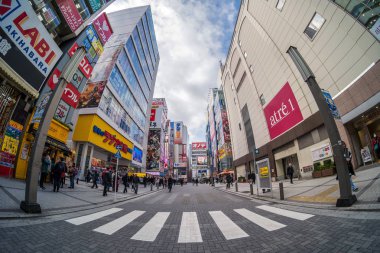 TOKYO, JAPAN - FEB 2019 : Fisheye Scene of Akihabara with crowds undefined people walking with many building on Febuary 13, 2019 in Tokyo, Japan.The historic district electronics shopping area. clipart