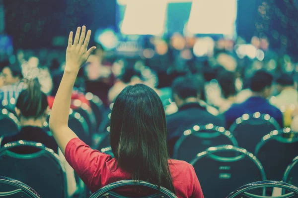 Rear View Audience Put Hand Acton Answer Speaker Question Stage — Stock Photo, Image