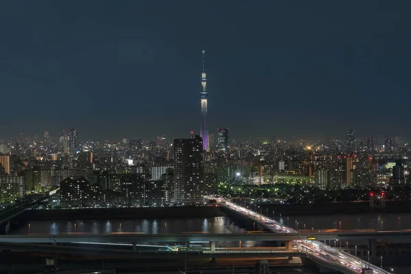 Scéna Tokyjskou Sky Tree Přes Centrum Panorama Třídy Řeky Japonsko — Stock fotografie