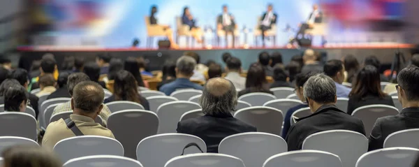 Banner Cover Page Rear View Audience Listening Speakers Stage Conference — Stock Photo, Image