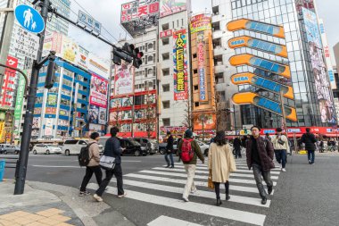 Tokyo, Japonya - Şubat 2019: yayalar kalabalık tanımsız insanlar Üstgeçit yürüyüş sokak kavşak çapraz-yürüyüş Akihabara içinde Şubat 13, 2019 Tokyo,Japan.culture ve elektrik şehir alışveriş alanı
