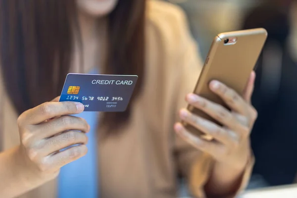 Closeup Asian Woman Using Credit Card Mobile Online Shopping Department — Stock Photo, Image