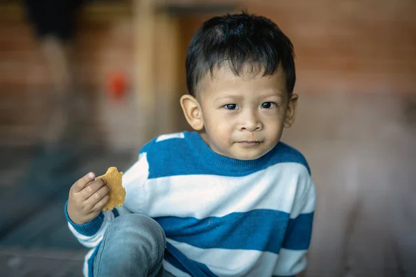 Retrato Chico Asiático Comiendo Galleta Casa Concepto Familiar —  Fotos de Stock