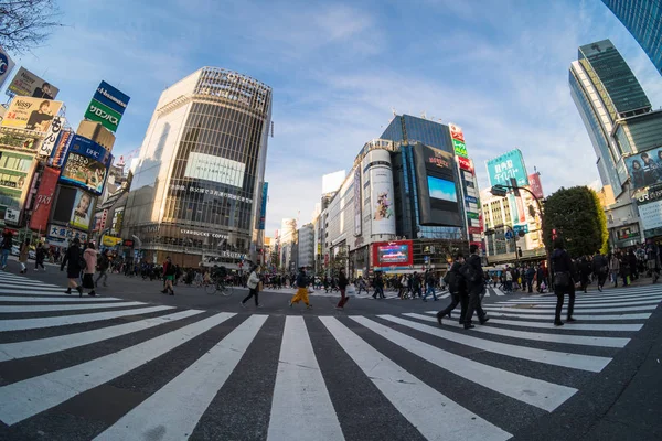 Tokió Japán 2019 Február Halszem Jelenet Meghatározatlan Autó Tömeg Gyaloglás — Stock Fotó