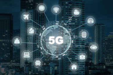 Dünya ile 5g teknoloji kapatmak Bangkok Cityscape üzerinde bir şey çeşitli simge İnternet merkezinde nokta, kablosuz iletişim bağlantısı ağ kavramı.