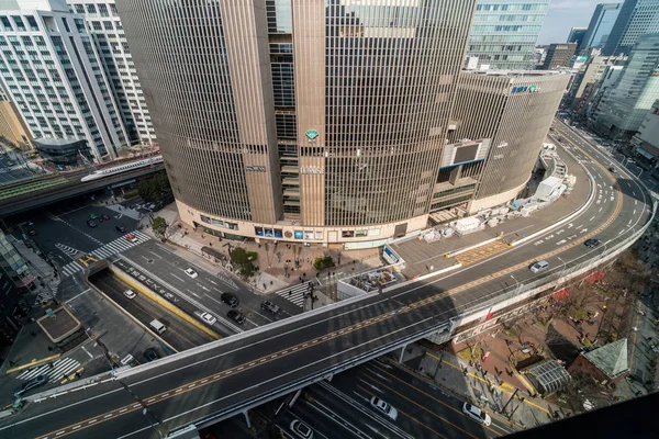 2019年2月 2019年2月17日 東京の銀座交通で 群衆の車と横断歩道交差点を持つ高架橋の航空写真 日本文化の概念 — ストック写真