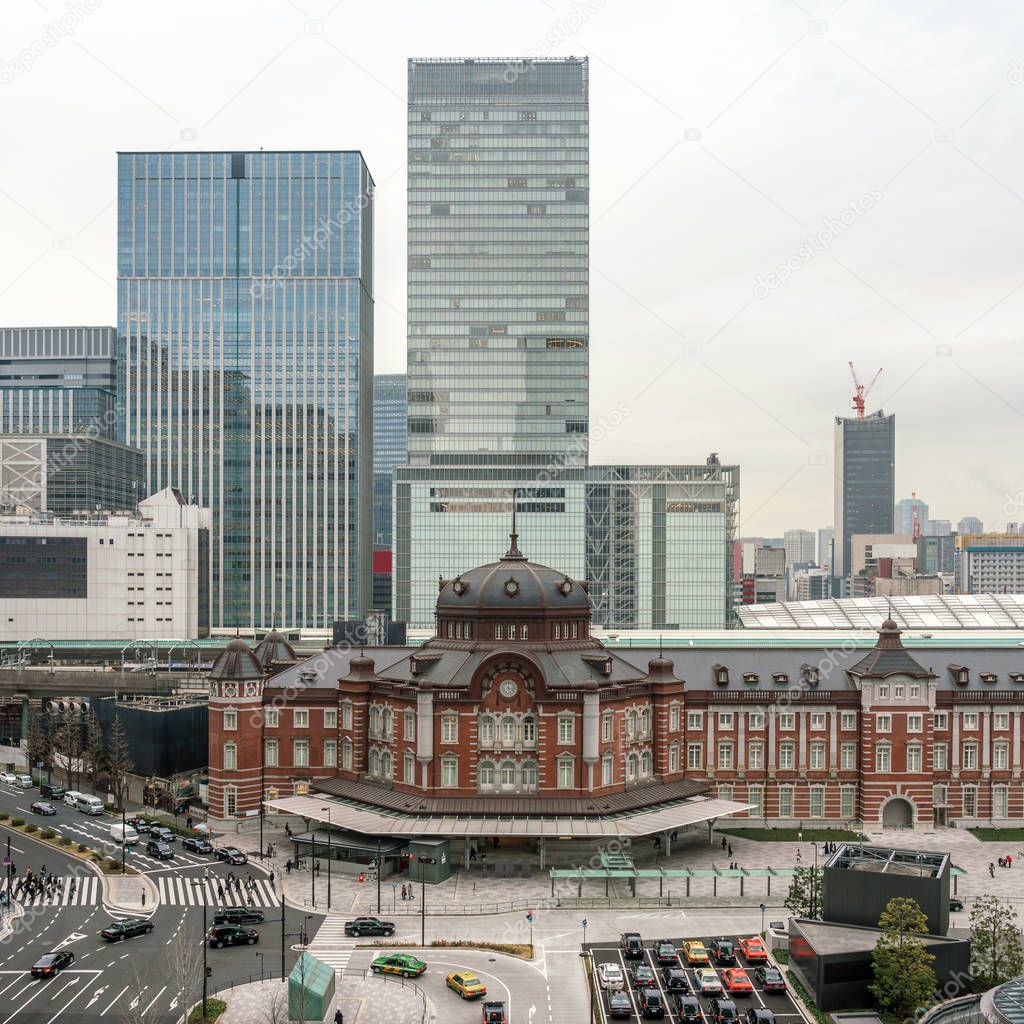 Scene of Tokyo railway station from terrace at afternoon time, architecture, landmark and transportation concept