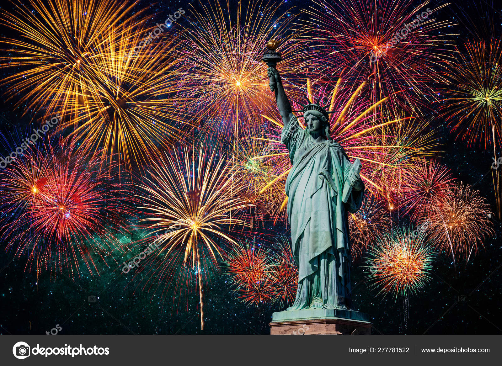 Statue Liberty Multicolor Fireworks Celebrate Milky Way Background 4Th