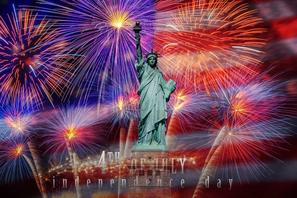 Statue Liberty Independence Day 4Th July Text Multicolor Fireworks Celebrate — Stock Photo, Image